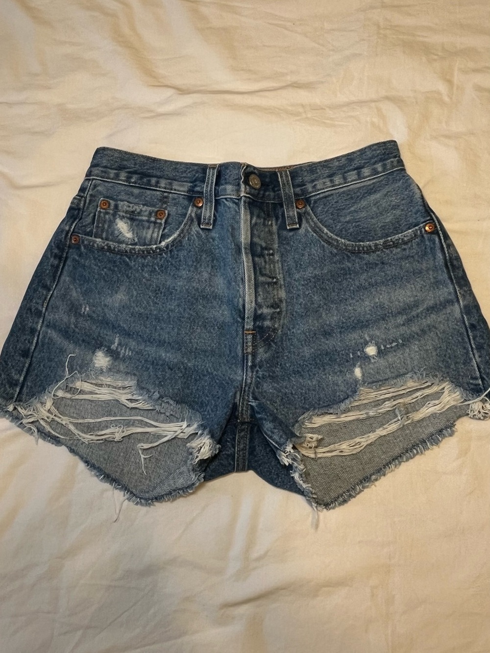 Levi’s Mid-Waist 501 Distressed Denim Shorts - Blue